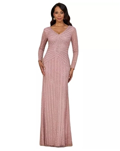 Женское платье с длинными рукавами, расшитое бисером, розовый Lara