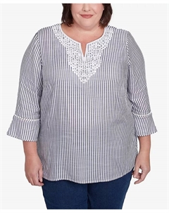 Классический полосатый топ с вышивкой и разрезом на горловине размера плюс, мультиколор Alfred dunner
