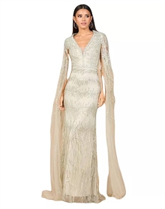 Женское платье с V-образным вырезом, длинными рукавами-накидкой и перьями, зеленый Lara