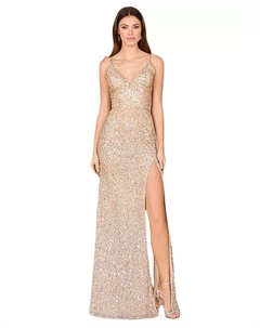 Женское платье с V-образным вырезом, расшитое бисером, с разрезом, золотой Lara