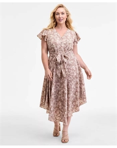 Платье миди с поясом и принтом больших размеров, коричневый/бежевый Vince camuto