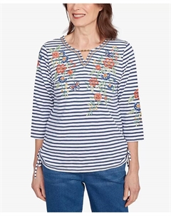 Топ Petite El Paso с цветочной полоской и сборками по бокам, синий Alfred dunner