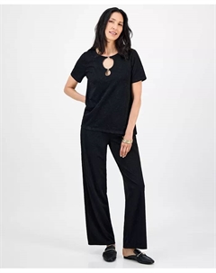 Женский топ с кольцом и фактурные трикотажные брюки, синий Jm collection