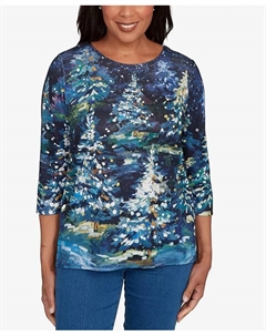 Женский классический топ с круглым вырезом «Звездная ночь» и принтом «Рождественская елка», синий Alfred dunner