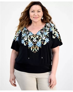 Топ больших размеров с принтом и разрезом на горловине, черный Jm collection