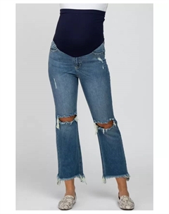 Синие укороченные джинсы с широкими штанинами и потертостями для беременных, синий Pinkblush