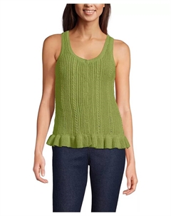 Женский хлопковый свитер без рукавов с оборками и букле, зеленый Lands' end