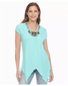 Женский трикотажный топ с косым подолом и отделкой бисером, синий White mark