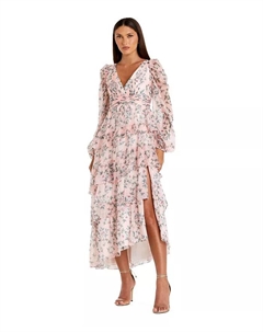 Женское элегантное платье миди с цветочным принтом, рукавами-фонариками, А-силуэтом и боковыми карманами, розовый Mac duggal