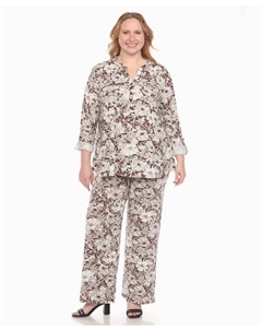 Комплект из двух предметов: туника и брюки с цветочным принтом размера плюс, коричневый White mark