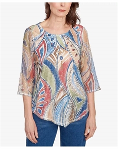 Топ Petite El Paso с текстурированным принтом листьев и ожерельем, синий Alfred dunner