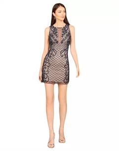 Женское короткое платье для празднования Нового года с бисером и вырезом «Иллюзия» - OUTLET, синий Lara