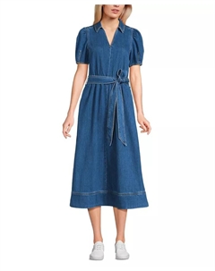 Женское мягкое джинсовое платье миди с рукавами-фонариками, синий Lands' end