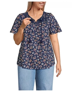 Женская туника больших размеров с рукавами-крылышками, кружевной отделкой и вырезом под горло, синий Lands' end