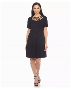 Женское платье А-силуэта с короткими рукавами и перекрещивающимся вырезом, черный White mark