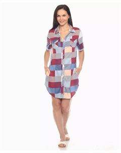 Женское клетчатое платье-рубашка с коротким рукавом и застежкой на пуговицы, синий White mark