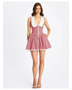 Женское мини-платье Nala Red в клетку гингем с ажурной отделкой и воротником-панелем, красный Miss circle