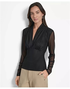 Женский сетчатый топ с V-образным вырезом и длинными рукавами, черный Dkny