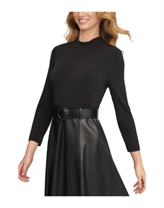 Платье Matte Jersey Pu Leather Belted Aline Combo, черный Calvin klein