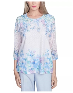 Миниатюрный топ с цветочным принтом и рукавами 3/4, синий Alfred dunner