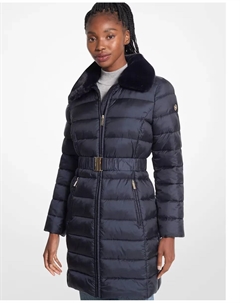 Длинный женский пуховик с поясом и меховым воротником, темно-синий Michael michael kors