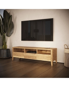 Тумба под ТВ из массива ясеня с открытыми нишами и ящиками желтый So'home