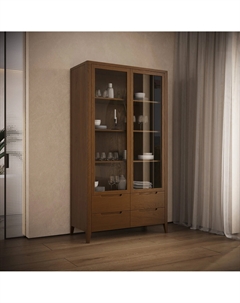 Шкаф-библиотека из ясеня со стеклянными фасадами и ящиками каштановый Laredoute