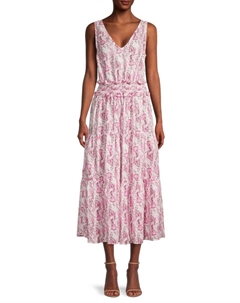 Льняное многоярусное платье миди с цветочным принтом Resort, цвет Pink Floral 120% lino