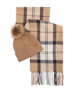 Клетчатый комплект из шапки и шарфа с бахромой, коричневый Barbour