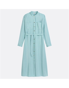 Длинное прямое платье с поясом и воротником мао синий La redoute collections