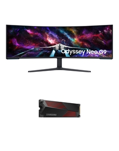 Samsung Odyssey Neo G9 57-дюймовый двойной изогнутый монитор 4K Ultrawide и твердотельный накопитель 990 PRO M.2 на 2 ТБ с комплектом радиатора