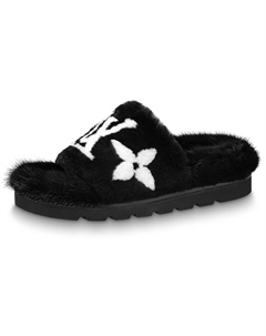 Шлепанцы женские меховые, черный / белый Louis vuitton