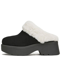 Женские противоскользящие тапочки с закрытым носком - черные/бежевые с белым (искусственная шерстяная подкладка), цвет Black/Beige White (Faux Wool Lining) Tatá