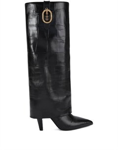 Сапоги на каблуке 100 мм с отворотом и пряжкой, выполненные под крокодиловую кожу, черный Kurt geiger london