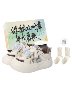 Женские низкие скейтерские кеды сине-коричневые с бантиком в комплекте с коробкой и носками в подарок, цвет Blue Brown (Bowknot)+Box+Gift Socks Jimixiong