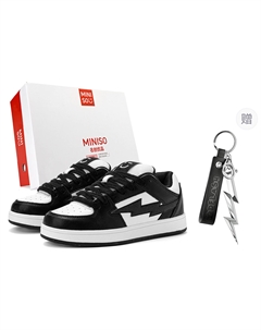 Лайтнинг М серия лоу топ скейтборд обувь унисекс белый черный с брелоком, цвет White Black (with Keychain) Miniso