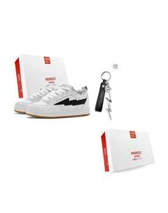 Лайтнинг М серия лоу топ скейтборд обувь унисекс белый черный с брелоком, цвет White Black (with Keychain) Miniso