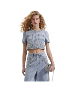 Расшитая укороченная джинсовая блузка, Light Denim Blue Self-portrait