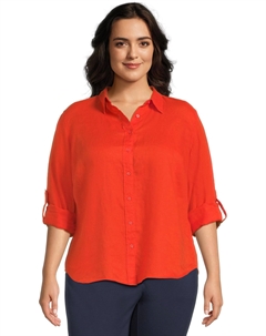 Рубашка Plus-Size Linen Roll Tab–Sleeve Shirt, цвет Orange Lily Lauren ralph lauren