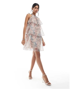 Мини-платье с халтер-воротником, многоярусными оборками и выцветшим цветочным принтом Vero moda