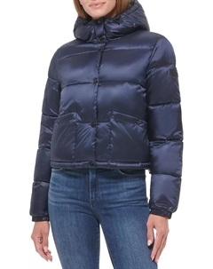 Женская куртка-пуховик с капюшоном облегченная укороченная блестящая, индиго Calvin klein