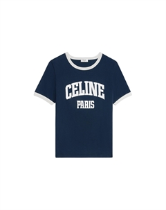 Футболка в стиле 70-х Парижа из хлопкового джерси, морской синий Celine