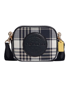 Кожаная фотосумка через плечо миниатюрная женская в темно-синем и белом цветах Coach