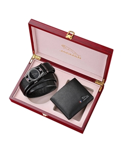 Кожаный мужской ремень черный с кошельком в подарочной упаковке, Black-Belt+Wallet, Gift Box Set Jaguar