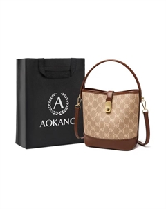 Кожаная сумка-ведро через плечо среднего размера женская кофейно-коричневая кремово-абрикосовая, Coffee Brown Aokang