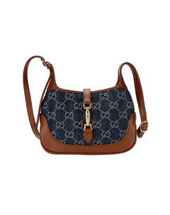 Джутовая сумка с кожаной отделкой 1961 полумесяц через плечо женская серо-голубая разноцветная Gucci