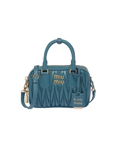 Кожаная дорожная сумка для боулинга через плечо маленький размер женская светло-голубая Miu miu