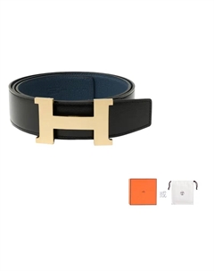 HERMES Кожаный ремень мужской двусторонний из телячьей кожи Того черный и прусский синий, Black/Prussian Blue Hermès