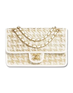 23C Ранняя весна Сумка с клапаном из ягненка, Кроссбоди, Наплечная Среднего размера Женская Золото и белый Chanel