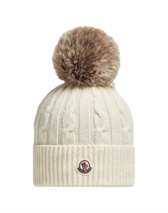Шапка с помпоном и нашивкой логотипом, Ecru Moncler